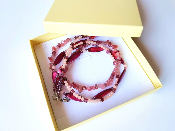 Colier multisir cu jad crem, cuart cherry si sidef visiniu [6]