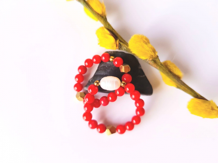 Set 2 inele - coral rosu, perla de cutura, hematit auriu [4]