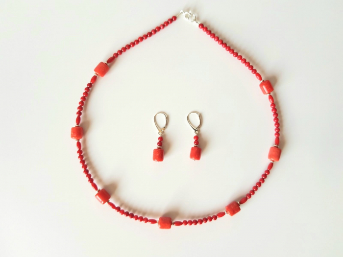 Set colier si cercei coral rosu si jad rosu [5]