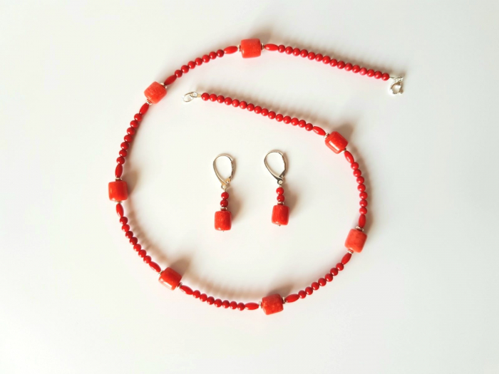 Set colier si cercei coral rosu si jad rosu [3]