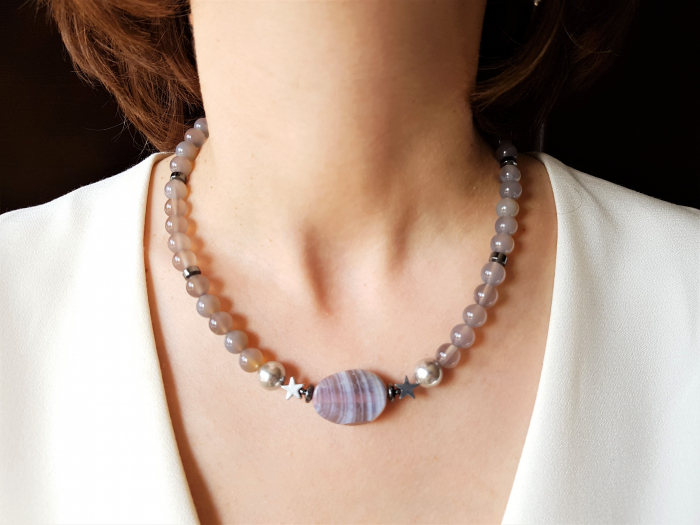 Set colier si cercei cu agate gri, hematite si perle [8]
