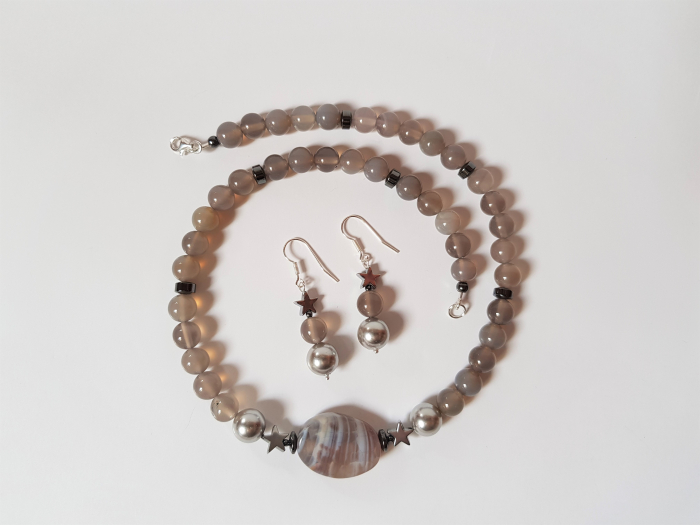 Set colier si cercei cu agate gri, hematite si perle [5]
