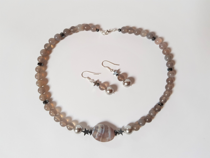 Set colier si cercei cu agate gri, hematite si perle [9]