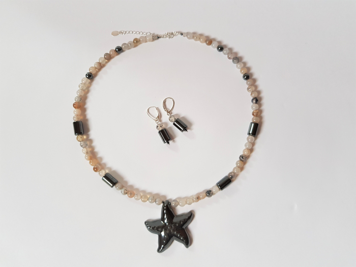 Set colier si cercei cu agate, hematite si pandantiv stea de mare [6]