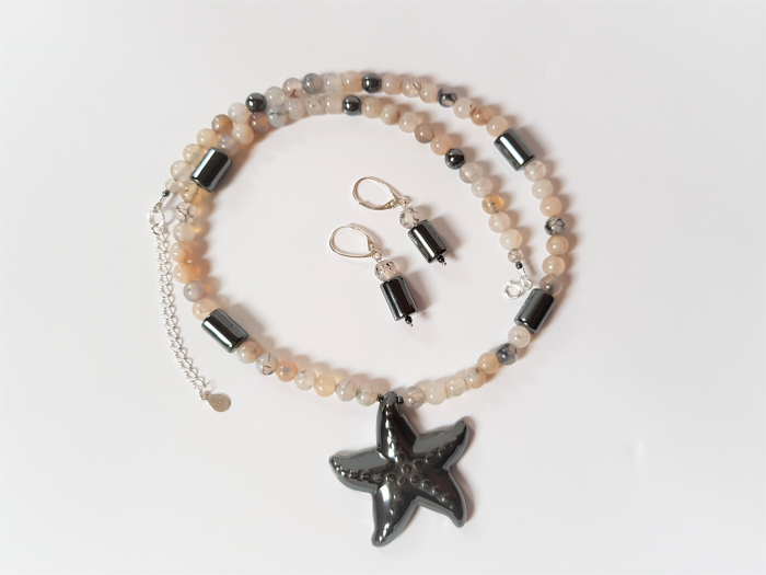 Set colier si cercei cu agate, hematite si pandantiv stea de mare [4]