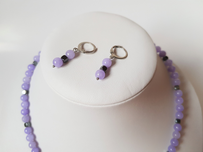 Set colier si cercei cu agate mov si hematite cuburi [4]