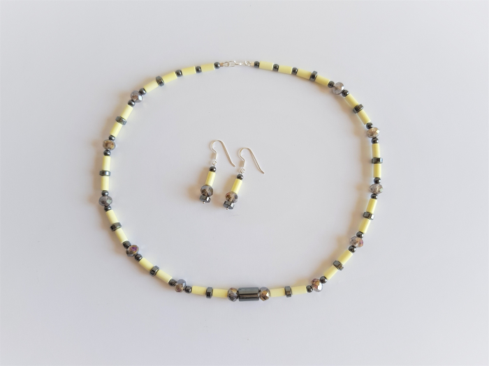 Set colier si cercei cu agate vanilie tuburi, hematite si cristale [5]