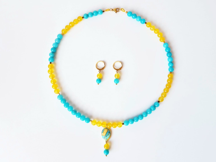 Set colier si cercei cu jad turcoaz si agat galben, pandantiv email [2]