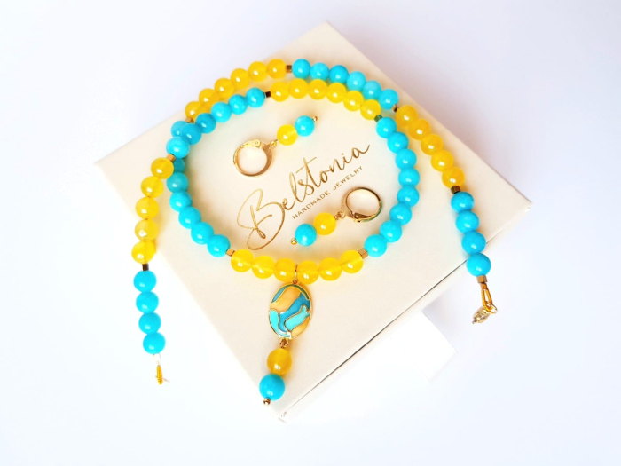 Set colier si cercei cu jad turcoaz si agat galben, pandantiv email [10]