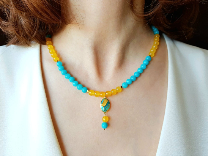 Set colier si cercei cu jad turcoaz si agat galben, pandantiv email [8]