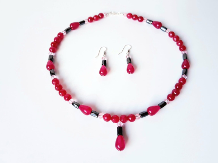 Set colier si cercei cu jad visiniu, agat visiniu si hematit [7]