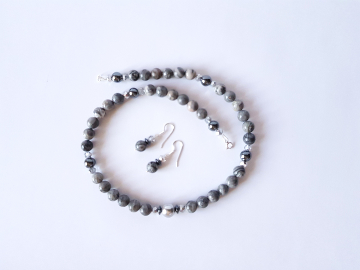 Set colier si cercei cu jasp gri, hematite, perla centrala si cristale [4]