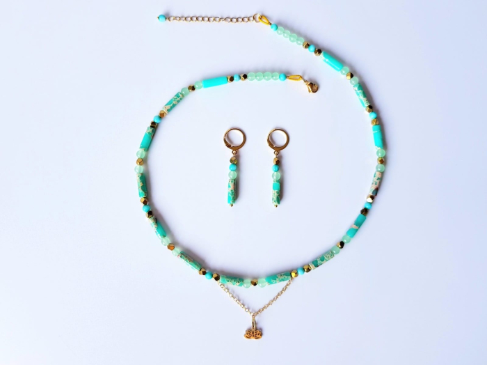 Set colier si cercei cu jasp imperial verde si pandantiv floare de lotus [2]