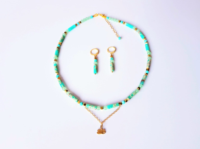 Set colier si cercei cu jasp imperial verde si pandantiv floare de lotus [4]
