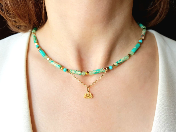 Set colier si cercei cu jasp imperial verde si pandantiv floare de lotus [7]