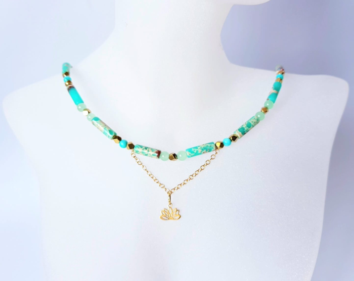 Set colier si cercei cu jasp imperial verde si pandantiv floare de lotus [8]