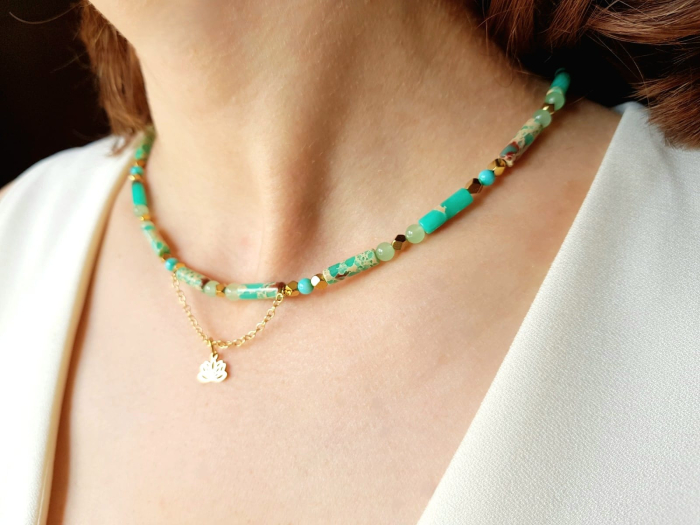 Set colier si cercei cu jasp imperial verde si pandantiv floare de lotus [3]