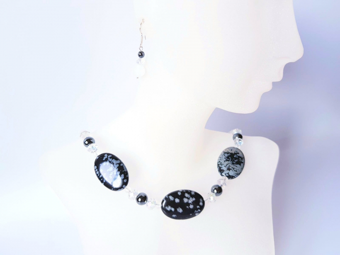 Set colier si cercei cu obsidian, hematit si cristal de stanca [3]