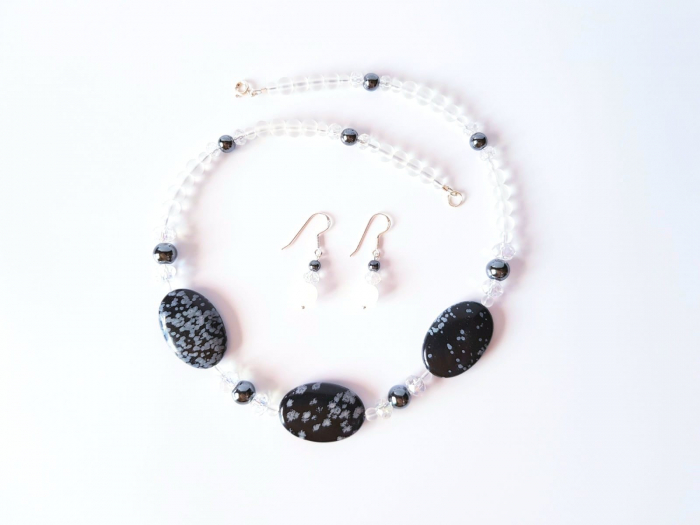 Set colier si cercei cu obsidian, hematit si cristal de stanca [5]