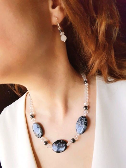 Set colier si cercei cu obsidian, hematit si cristal de stanca [4]