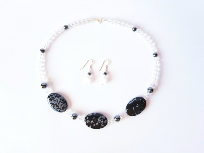 Set colier si cercei cu obsidian, hematit si cristal de stanca [6]