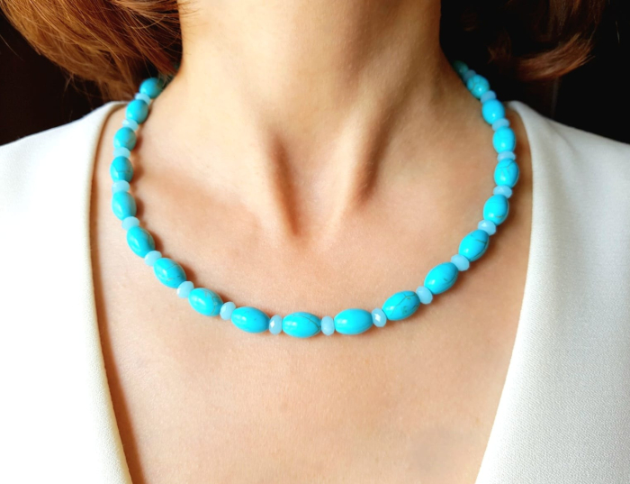 Set colier si cercei cu turcoaz reconstituit si cristale fatetate [7]