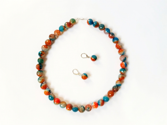Set colier si cercei de agate albastre-portocalii [4]