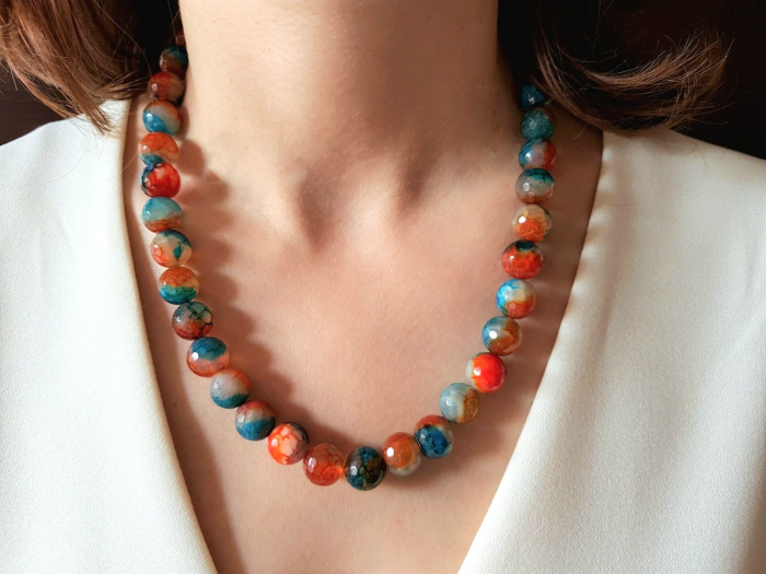 Set colier si cercei de agate albastre-portocalii [5]