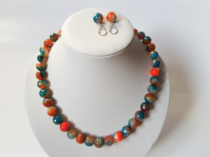 Set colier si cercei de agate albastre-portocalii [7]