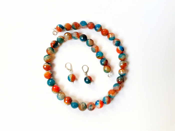 Set colier si cercei de agate albastre-portocalii [3]