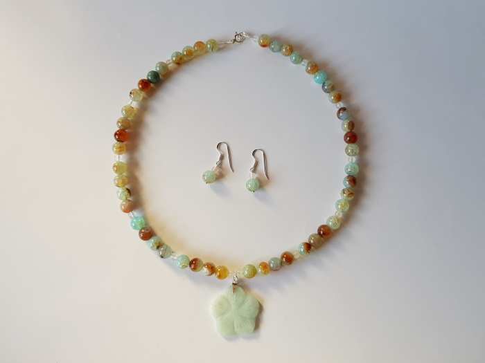 Set colier si cercei de agate cu pandantiv amazonit floare [5]