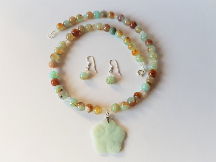 Set colier si cercei de agate cu pandantiv amazonit floare [3]