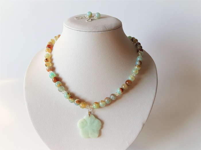 Set colier si cercei de agate cu pandantiv amazonit floare [4]