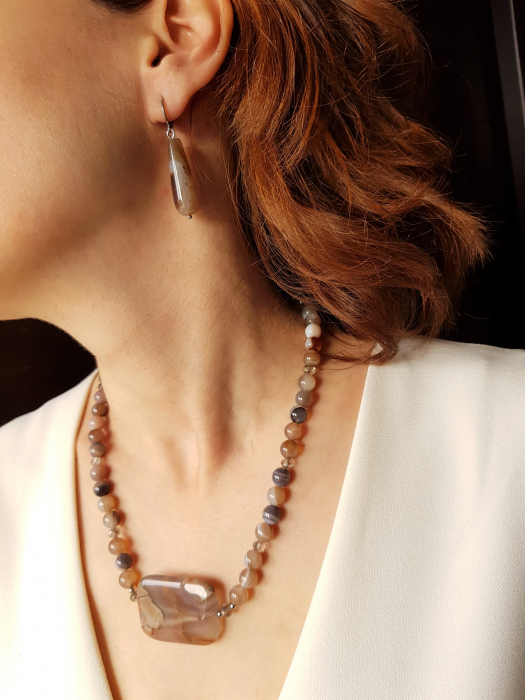 Set colier si cercei de agate maro deschis [2]