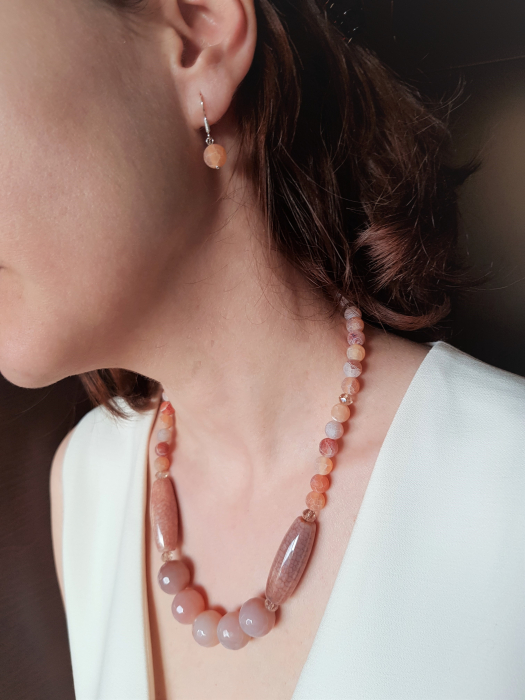 Set colier si cercei de agate roz-somon [4]