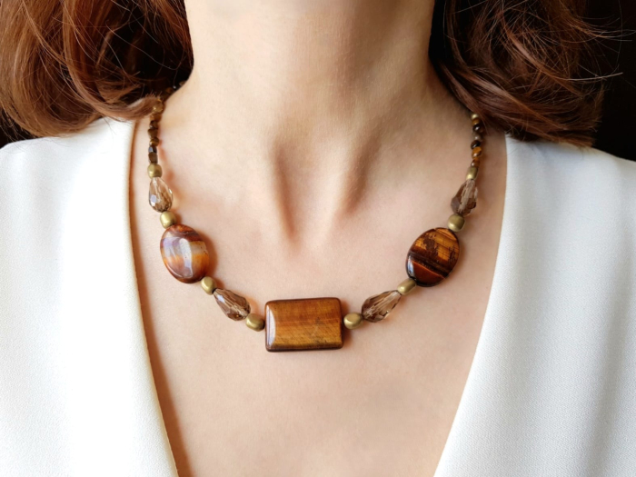 Set colier si cercei din ochi de tigru, hematit auriu si cristale [7]