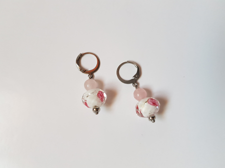 CERCEI - Cercei cu cuart roz si margele lampwork