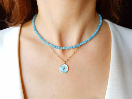 Coliere Handmade cu Pietre Semipretioase - Colier cu angelit si pandantiv email bleu