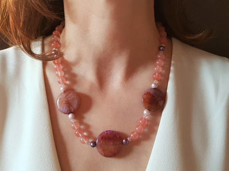 Coliere Handmade cu Pietre Semipretioase - Colier cu cuart cherry, agate mari si perle de cultura