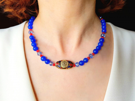 Coliere Handmade Medii - Colier cu jad bleumarin, jad rosu si margea indoneziana centrala