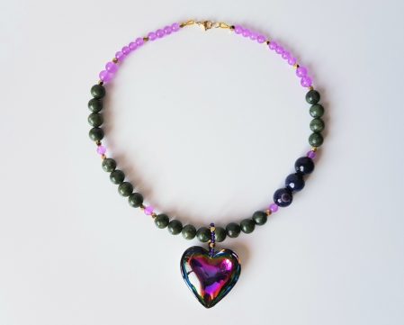 Colier cu jad canadian, jad mov, hematit auriu si pandantiv inima multicolora [5]