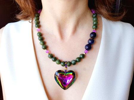 Colier cu jad canadian, jad mov, hematit auriu si pandantiv inima multicolora [0]