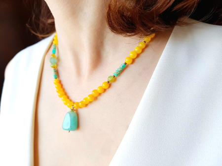 Colier cu jad galben, jasp imperial si pandantiv jad turcoaz [4]