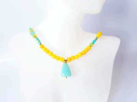Coliere Handmade cu Pietre Semipretioase - Colier cu jad galben, jasp imperial si pandantiv jad turcoaz