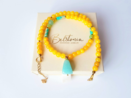 Colier cu jad galben, jasp imperial si pandantiv jad turcoaz [3]