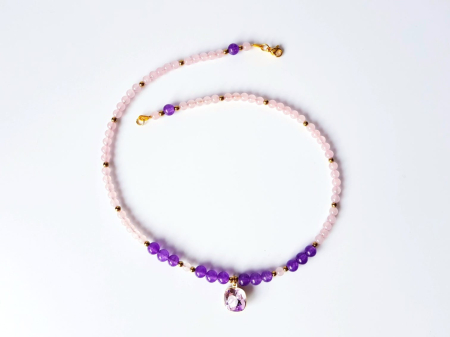 Colier cu jad lila inchis, cuart roz si pandantiv cristal roz [1]