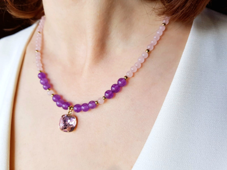 Colier cu jad lila inchis, cuart roz si pandantiv cristal roz [1]