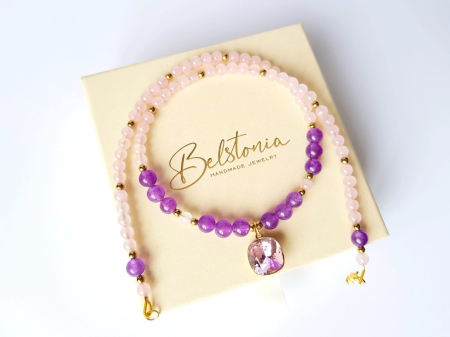 Colier cu jad lila inchis, cuart roz si pandantiv cristal roz [3]