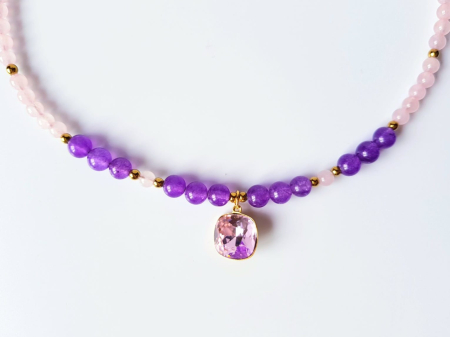 Colier cu jad lila inchis, cuart roz si pandantiv cristal roz [2]