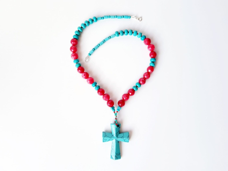 Colier cu jad rosu, turcoaz si pandantiv cruce turcoaz [1]